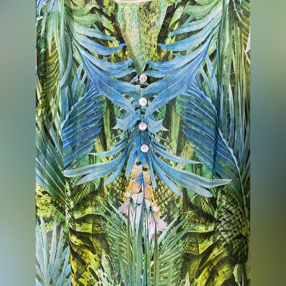 Anthropologie Fig & Flower Tropical Botanical Sheer Blouse, Size S, Blue & Green - Picture 3 of 8